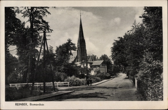 Postcard Reinbek in Schleswig Holstein, view of Bismarckstrasse, church