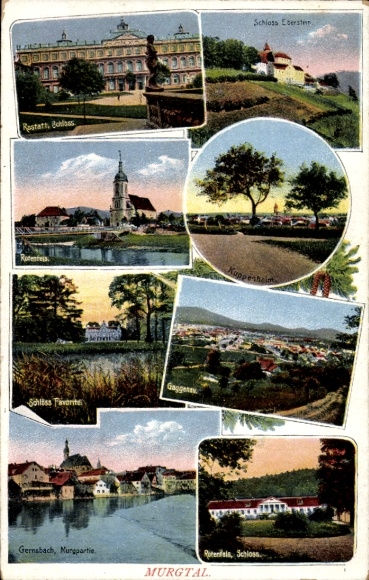 Ak Gernsbach im Murgtal Schwarzwald, Schlösser und Landschaften, Rastatt, Gernsbach, Rotenfels...