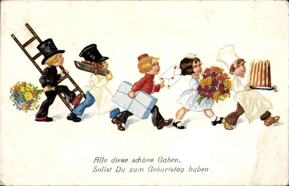 Postcard Happy Birthday, chimney sweep, baker with cake, well-wishers