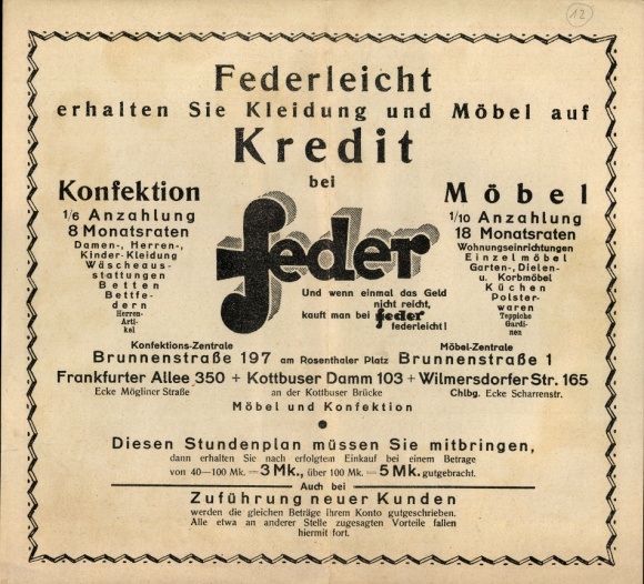 Timetable for the Feder department store - clothing and furniture - branches in Berlin Charlottenburg etc. around 1930