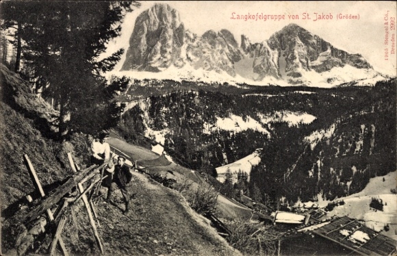 Postcard St. Zyprian Trentino South Tyrol, Sassolungo Group, mountains, hikers, nature, landscape