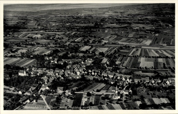 Postcard Helmsheim Bruchsal im Kraichgau Baden, aerial photograph, village view, fields, houses, church