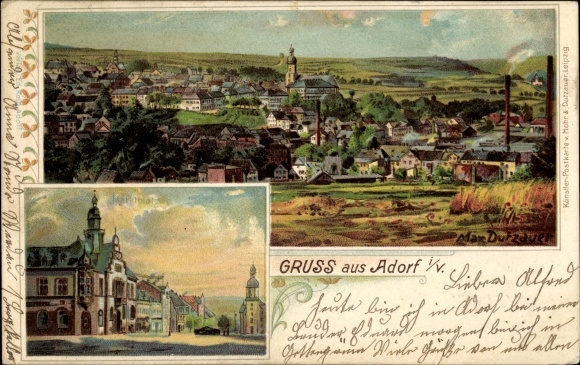 Kunstenaar litho Dutzauer, Max, Adorf im Vogtland, stadsgezicht, marktplein