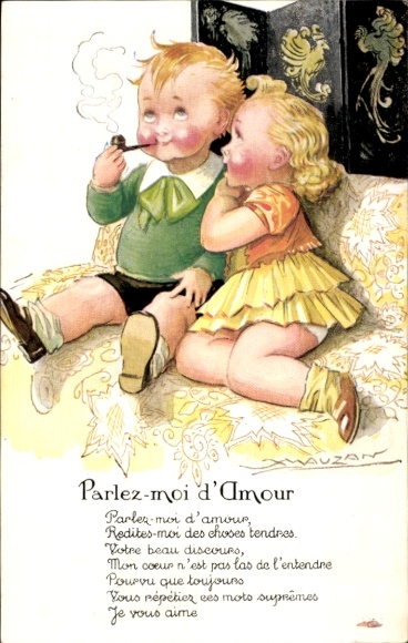 Kunstenaar Ak Mauzan, Parlez moi d'Amour, jongen die pijp rookt, meisje