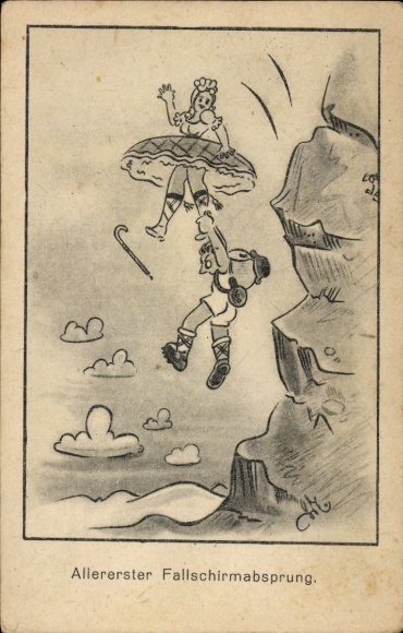 Kunstenaar Ak Eerste parachutesprong, klimmer valt
