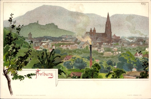 Artist Chromo-Litho Kley, Freiburg im Breisgau, view over the roofs of the city, church