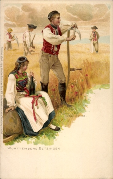Künstler Ak Kunz - Meyer, Betzingen Reutlingen in Baden Württemberg, Bauern auf dem Feld, Tracht