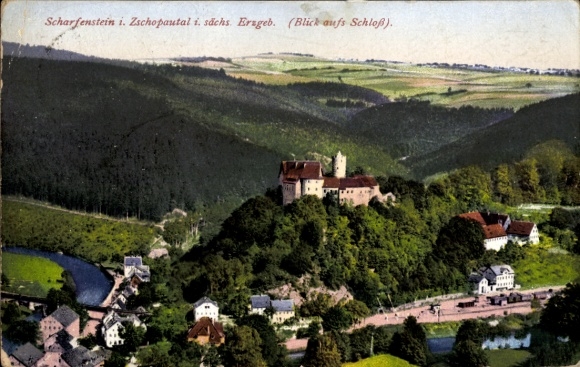 Ak Scharfenstein Drebach im Erzgebirge Sachsen, Schloss mit Umgebung, Zschopautal
