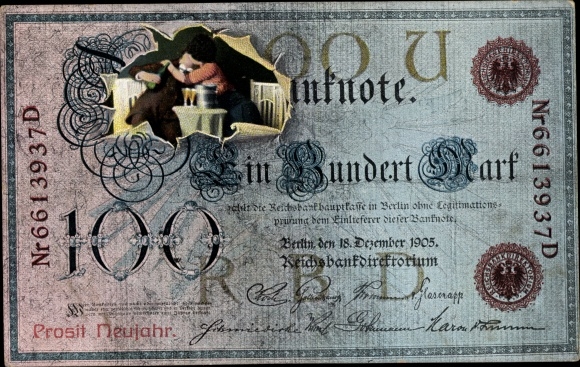 Geldschein Ak Glückwunsch Neujahr, Ein Hundert Mark, Liebespaar beim Kuss, Sekt
