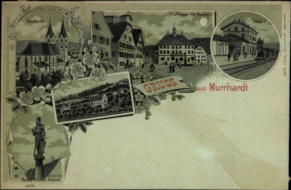 Mondschein Litho Murrhardt in Baden Württemberg, Bahnhof, Gleisseite, Rathaus, Denkmal, Kirche