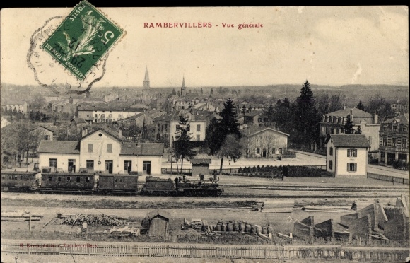 Postcard Rambervillers Lothringen Vosges, general view, station, track side