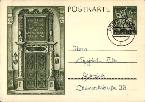 Postwaardekaart München, ingang van de rijke kapel van de residentie, Duitse goudsmidkunst