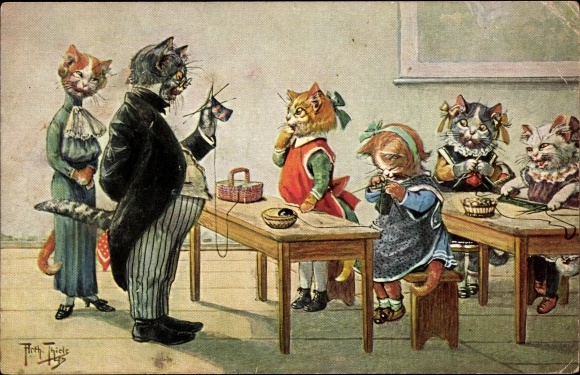 Artist PC Thiele, Arthur, anthropomorphized cats at school knitting