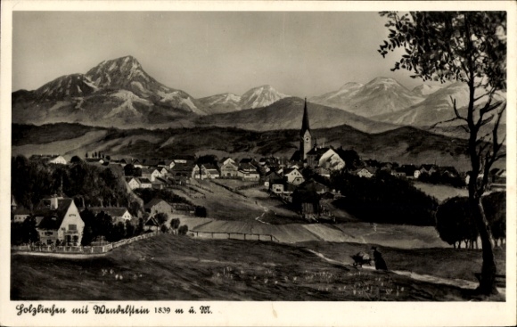 Postcard Holzkirchen in Upper Bavaria, landscape with mountains, church, houses, Wendelstein in the background