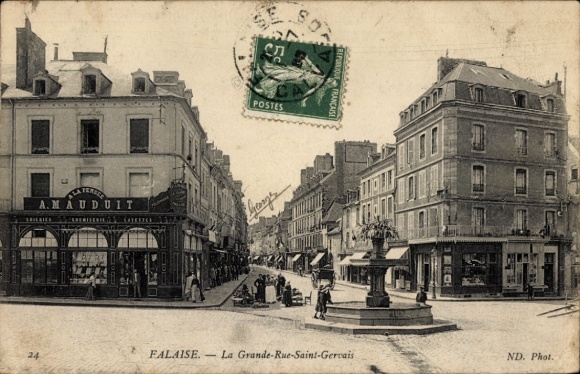 Postcard Falaise Calvados, La Grande-Rue-Saint-Gervais, fountain, historic buildings, postmark