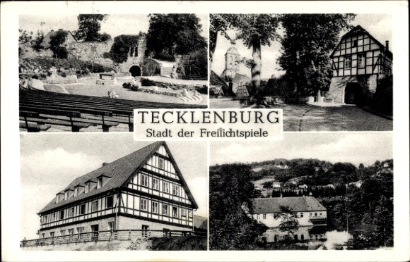 Postcard Tecklenburg in Westphalia, partial views, half-timbered house, open-air stage