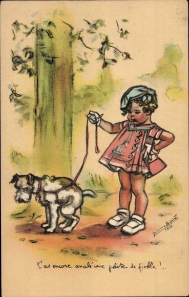 Artist Postcard Bouret, Germaine, Girl walking dog
