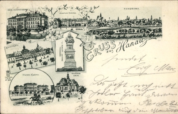 Ak Hanau am Main, Verschiedene Ansichten von  Panorama, Denkmal, Marktplatz, Ulanen-Kaserne
