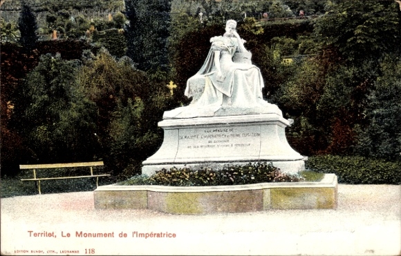 KP Territet Montreux Kanton Vaud, Pomnik Cesarzowej, statua, ławka parkowa, drzewa