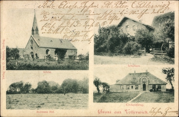 Ak Vollerwiek aan de Eider Nordfriesland, kerk, Andresens Hof, schoolgebouw, parochieherberg