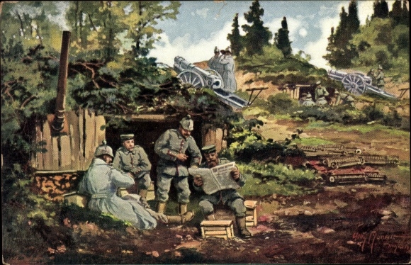 Artist PC Moralt, Willy, soldiers at the artillery shelter, guns, I. WW