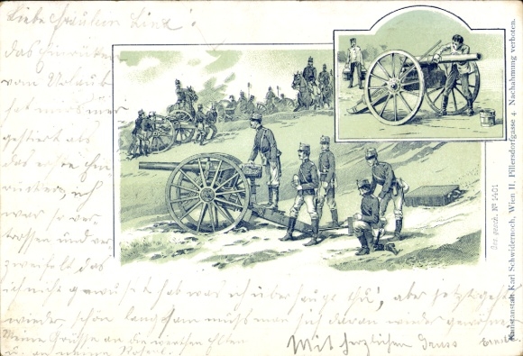 Litho KuK-Armee, Soldaten in Uniformen, Geschütz