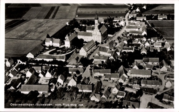 Postcard Obermedlingen Medlingen in Swabia Bavaria, aerial photograph of Swabia, , black and white