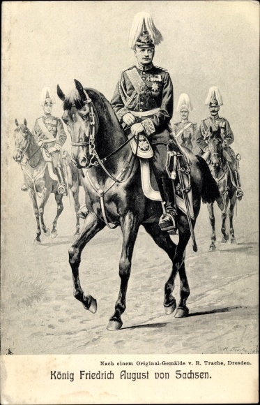 Artist PC Trache, R., King Friedrich August III. of Saxony on horseback, medal, plume