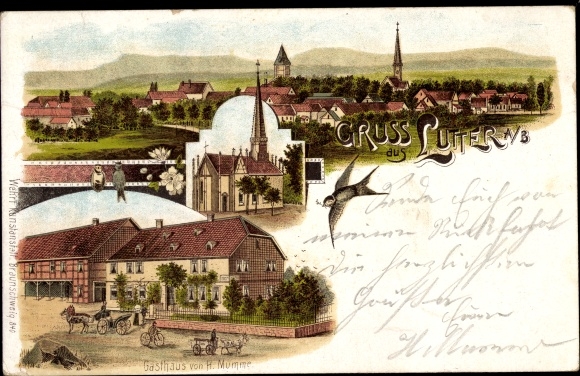 Postcard Lutter am Barenberge Lower Saxony, church, inn, total view