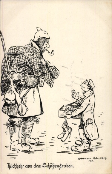 Artist Postcard Return from the Trench, German Soldier, Merchant, WW1 Propaganda, Anti-Jewish