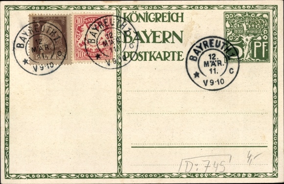 Postal stationery artist PC Diez, M., Prince Regent Luitpold of Bavaria 1911, 5 Pfennig