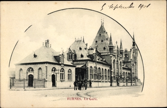 Postcard Furnes Veurne West Flanders, train station