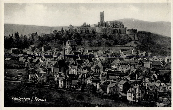 Postcard Königstein im Taunus, city view of Königstein, ancient castle ruins in the background