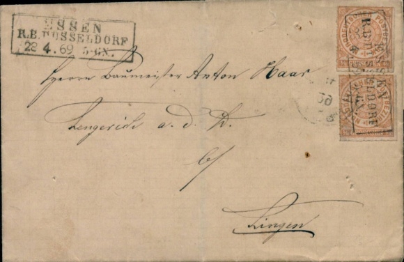 List Essen RB Düsseldorf 28 kwietnia 1869, przezroczysty na 2 sztukach 1/2 grosza
