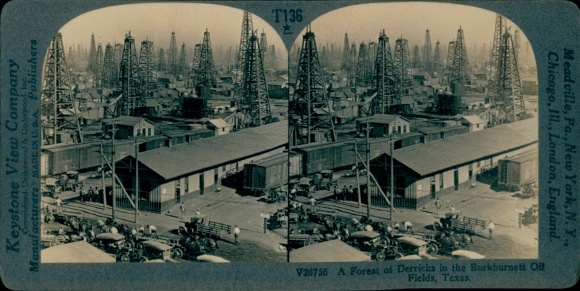 Stereofoto Texas, Burkburnett-olievelden, olieplatforms