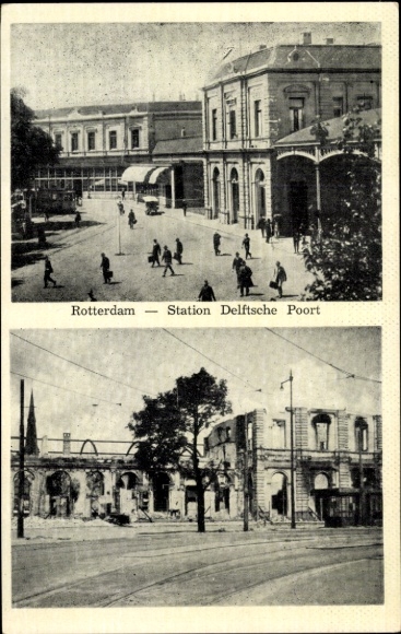 Ak Rotterdam Zuid-Holland Nederland, station Delftsche Poort, ruïnes, oorlogsschade WO II