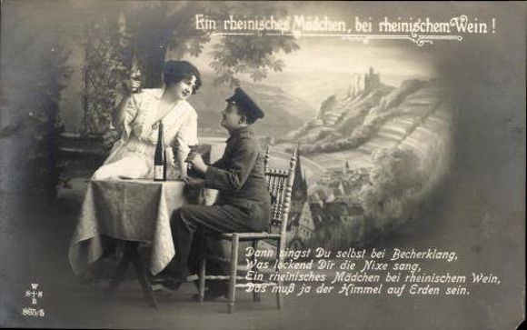 Set of 6 AK lovers drinking wine at the dining table/a Rhenish girl, with Rhenish wine!