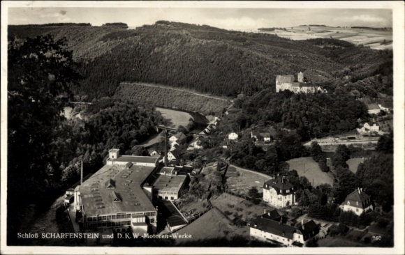 Ak Scharfenstein Drebach im Erzgebirge Sachsen, Schloss und D. K. W. Motoren Werke