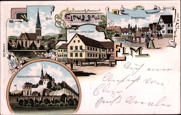 Chromo-Litho Elm Schluechtern in the Main Kinzig district, church, Brandenstein Castle, inn at the red lion