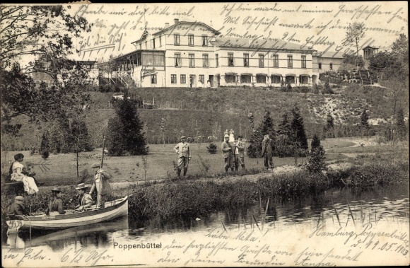PC Hamburg Wandsbek Poppenbüttel, building and garden, rowing boat, people