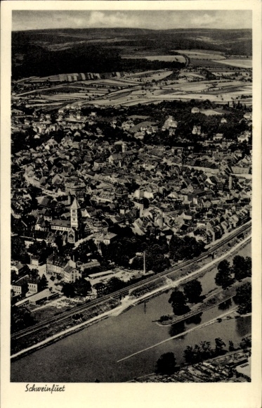 Postcard Schweinfurt in Lower Franconia Bavaria, Schlachtschüssel, aerial view of the city, view of houses