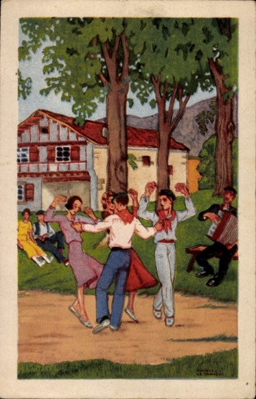 Artysta KP Le Tanneur, J., Pyrénées Atlantiques, Le fandango, tańczący ludzie, akordeon