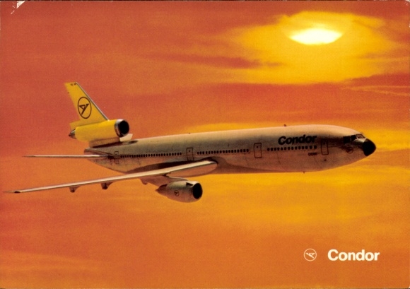 Postcard passenger aircraft Condor DC-10-30, sunset