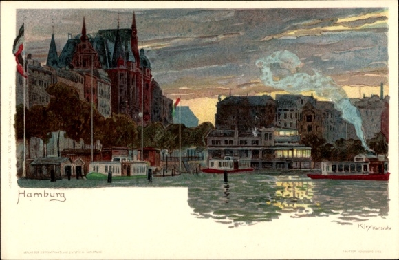 Kunstenaar litho Kley, Hamburg, avondstemming, aanlegplaats van de Alsterboten