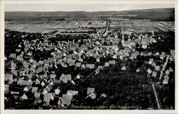 Postcard Leinfelden Echterdingen on the Fildern, aerial view of many houses, church