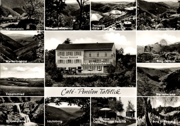 Postcard Espenschied Lorch in the Rheingau, Café Pension Talblick, Castle Gerold, Weizenwiese, Laukenmühle