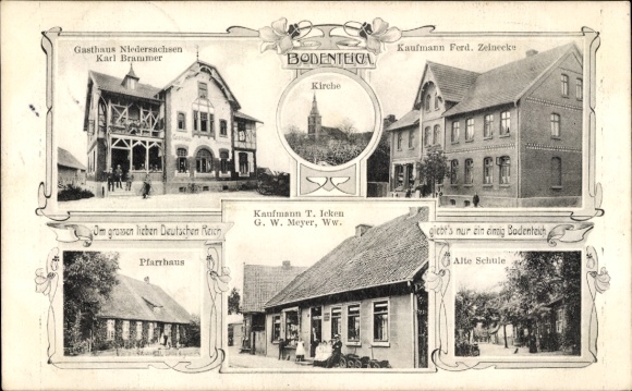 Postcard Bad Bodenteich in the Lüneburg Heath, Lower Saxony inn, merchant Zeinecke, school