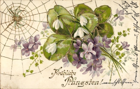 Embossing Chromo-Litho Congratulations Pentecost, spider, four-leaf clover, flowers, snowbells, violets
