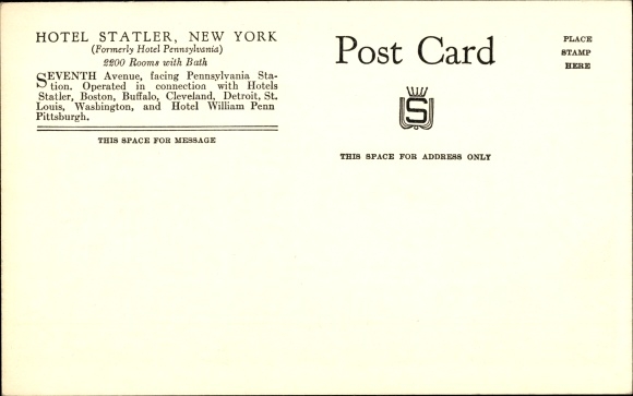 Artist PC New York City, Hotel Statler, Seventh Avenue with a view of Pennsylvania Station