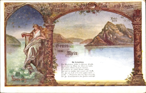 Artist Postcard St. Goarshausen am Rhein, Loreley, rocks, harp